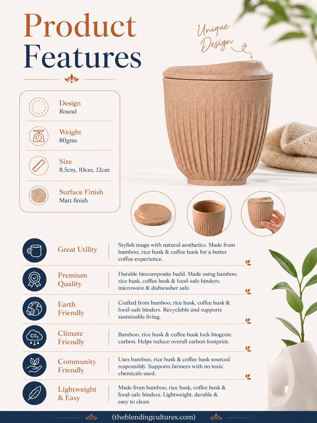 Eco Friendly Cup made from bamboo, rice husk & coffee husk.