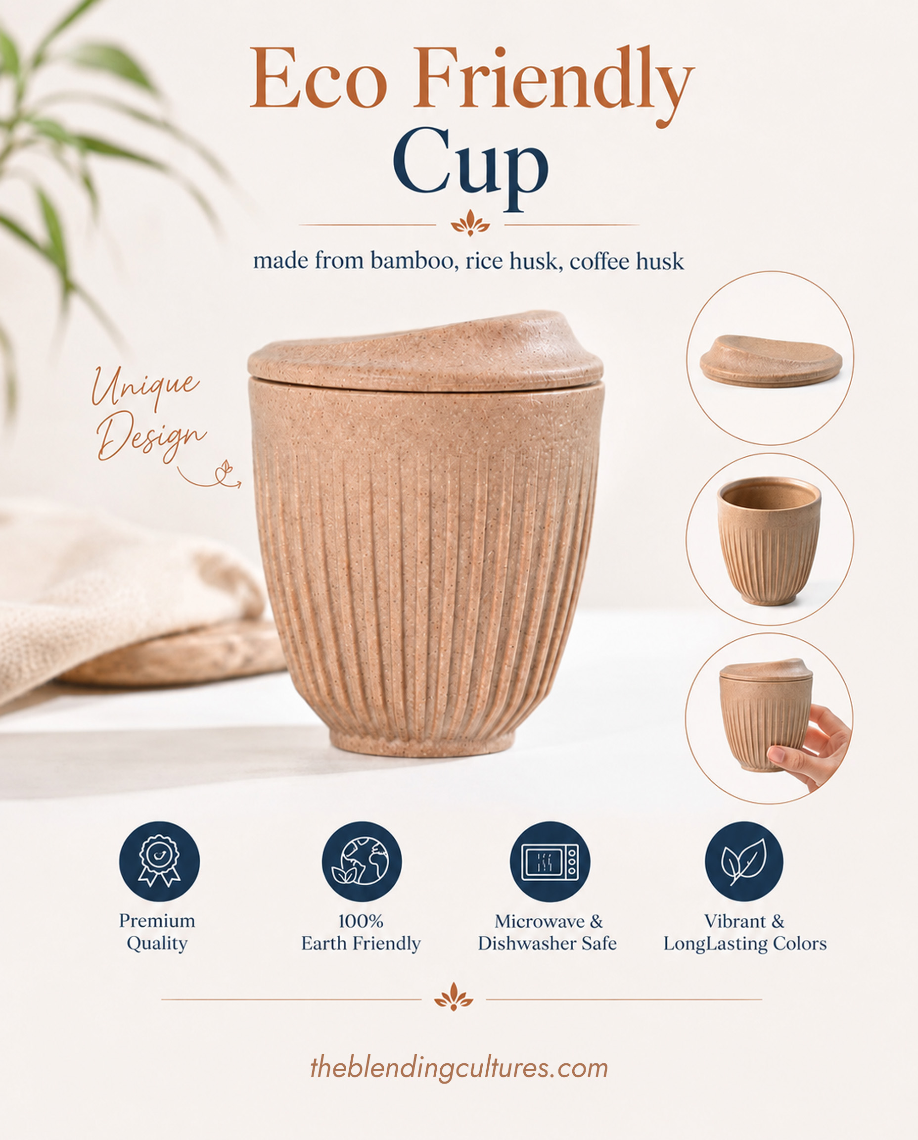 Eco Friendly Cup made from bamboo, rice husk & coffee husk.
